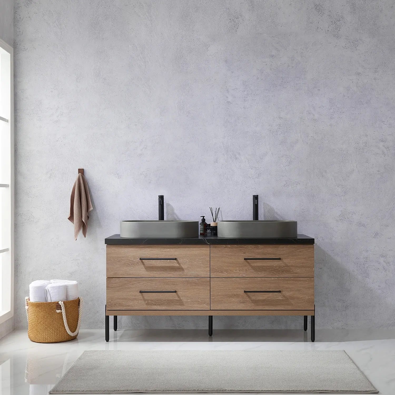 
  
  Vinnova Trento Double Sink Bath Vanity in North American Oak with Black Sintered Stone Top with Optional Concrete Sink and Mirror
  
