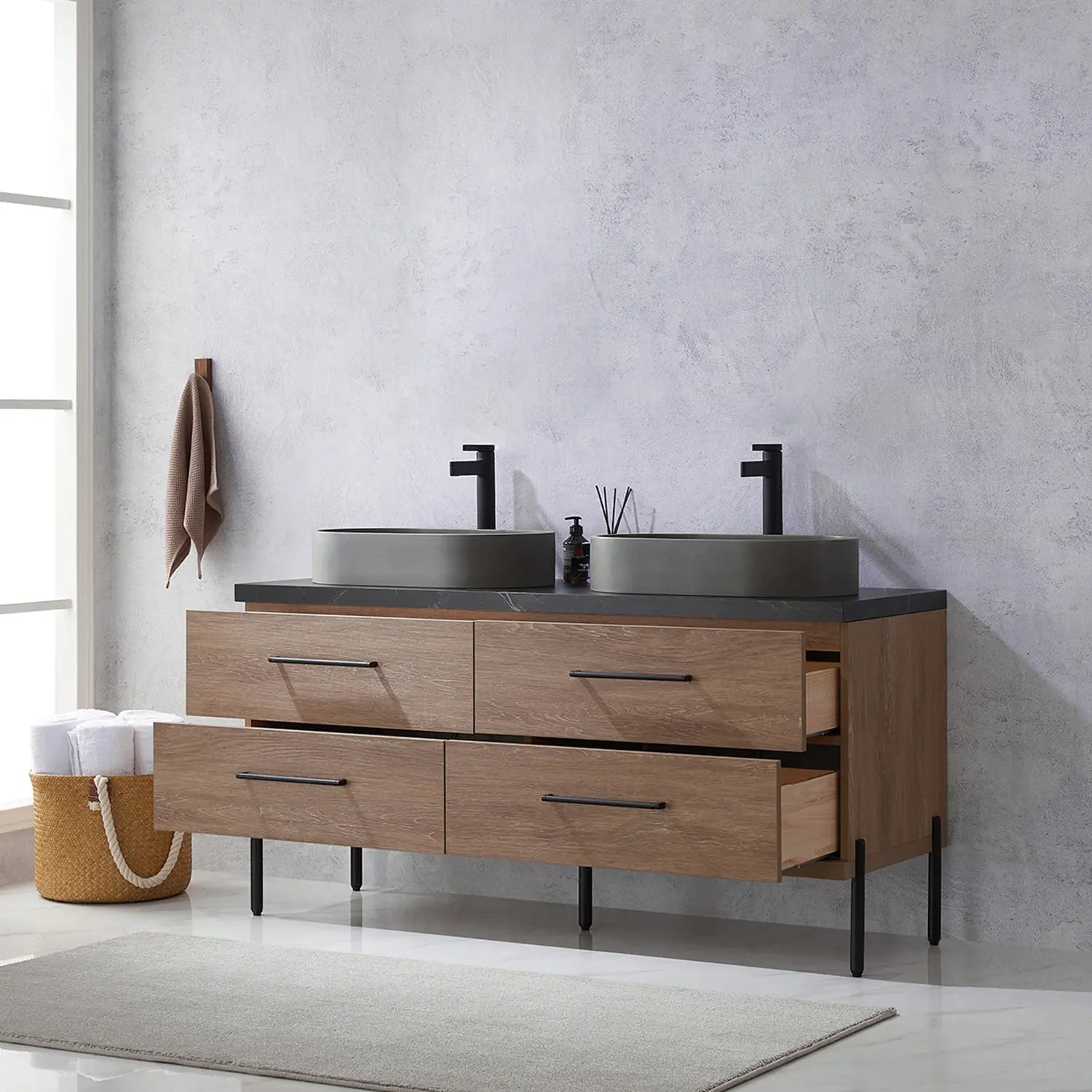 
  
  Vinnova Trento Double Sink Bath Vanity in North American Oak with Black Sintered Stone Top with Optional Concrete Sink and Mirror
  
