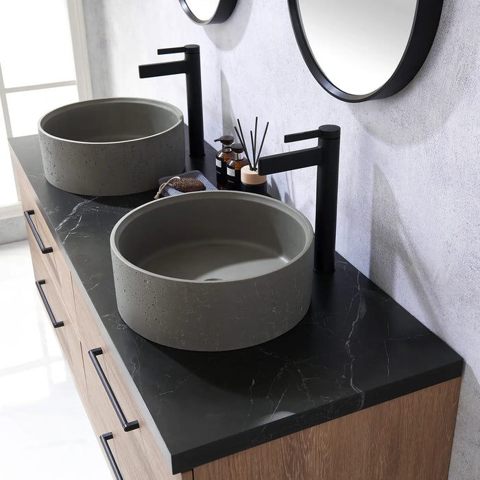 Vinnova Trento Double Sink Bath Vanity in North American Oak with Black Sintered Stone Top with Optional Concrete Sink and Mirror