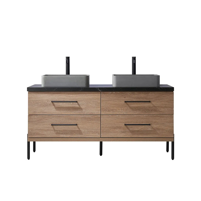 Vinnova Trento Double Sink Bath Vanity in North American Oak with Black Sintered Stone Top with Optional Concrete Sink and Mirror