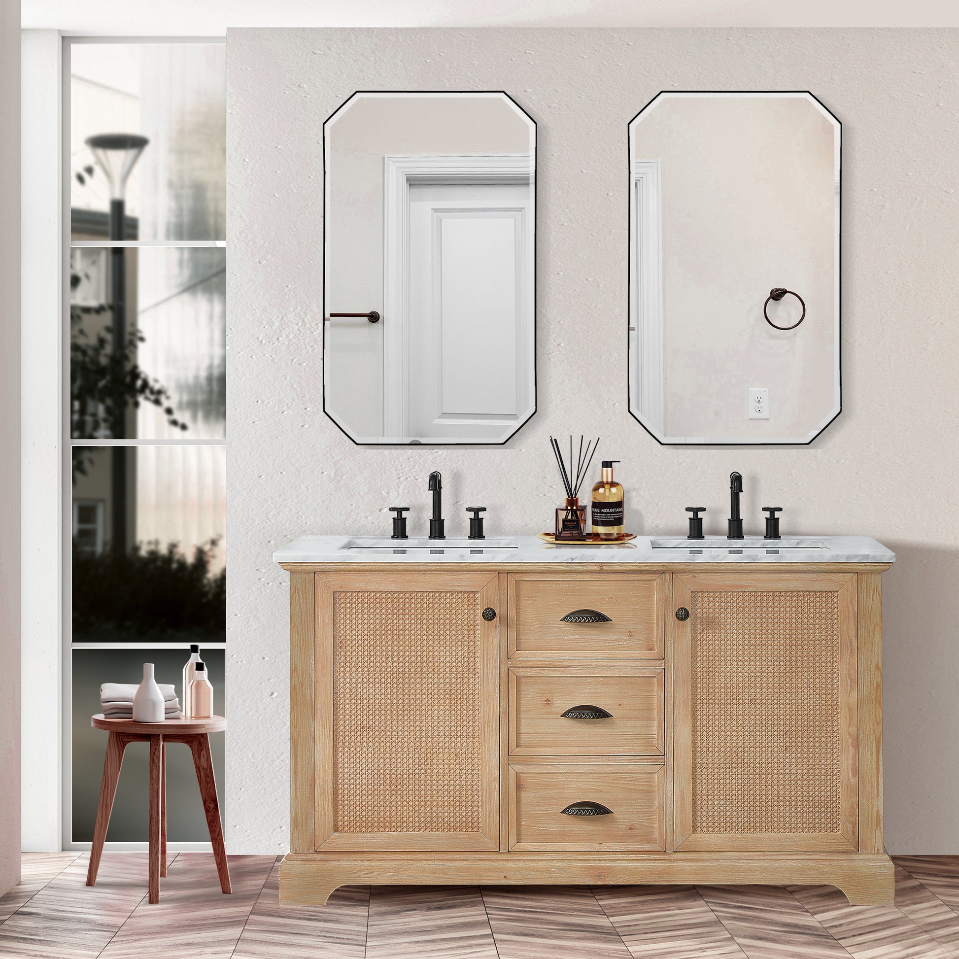 
  
  Hervas Double Sink Vanity | 60", 72" | White Marble, Black Marble Top | Fir Wood | Optional Mirror
  
