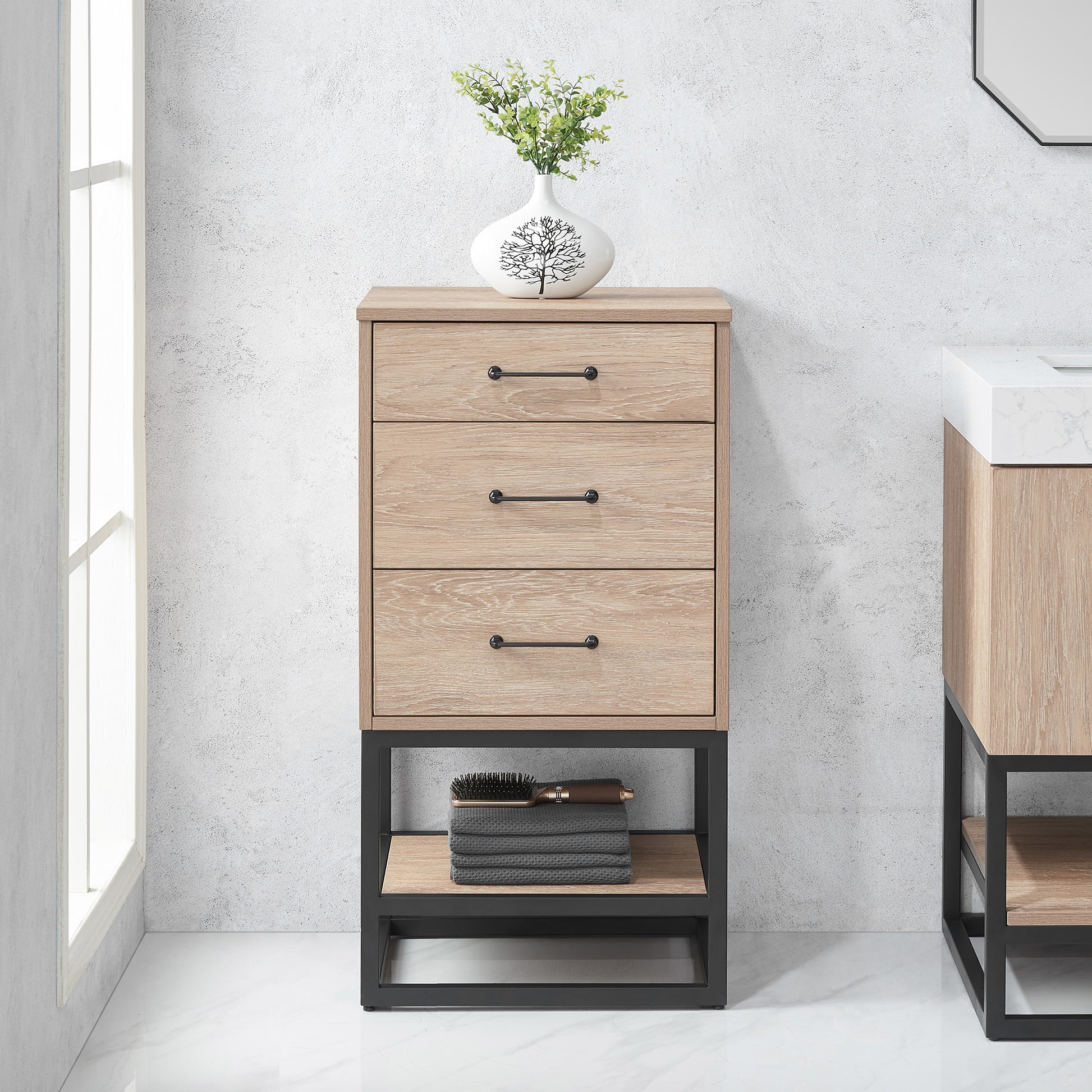 
  
  Alistair 19.7" Storage Cabinet in North American Oak Finish with 3 Drawers 1 Shelf for Bathroom and Living Room
  
