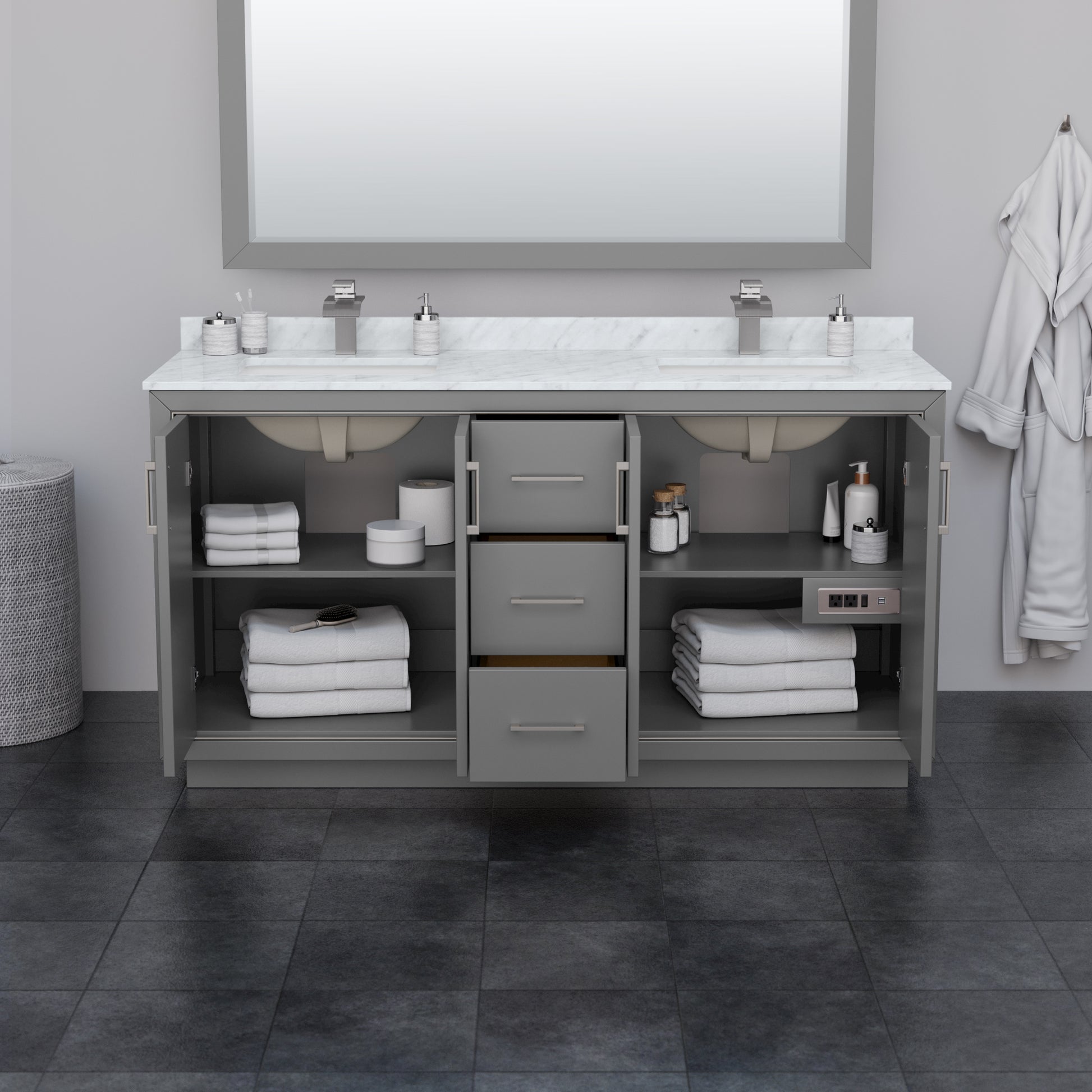 
  
  Icon Double Bathroom Vanity with White Cultured Marble, Undermount Square Sink, Optional Trim and Mirror
  
