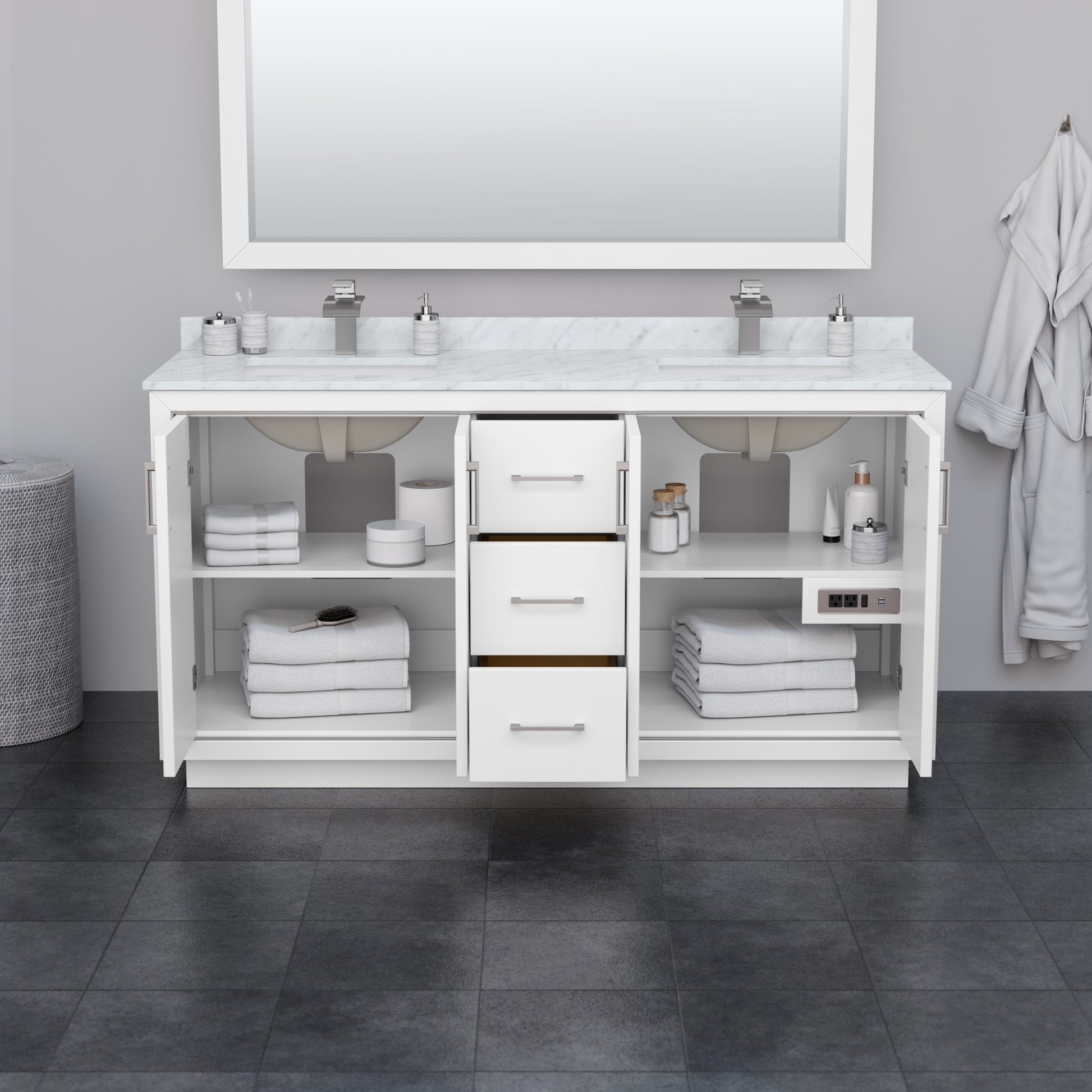 
  
  Icon Double Sink Vanity with Carrara Cultured Marble, Undermount Square Sink, Optional Trim and Mirror
  
