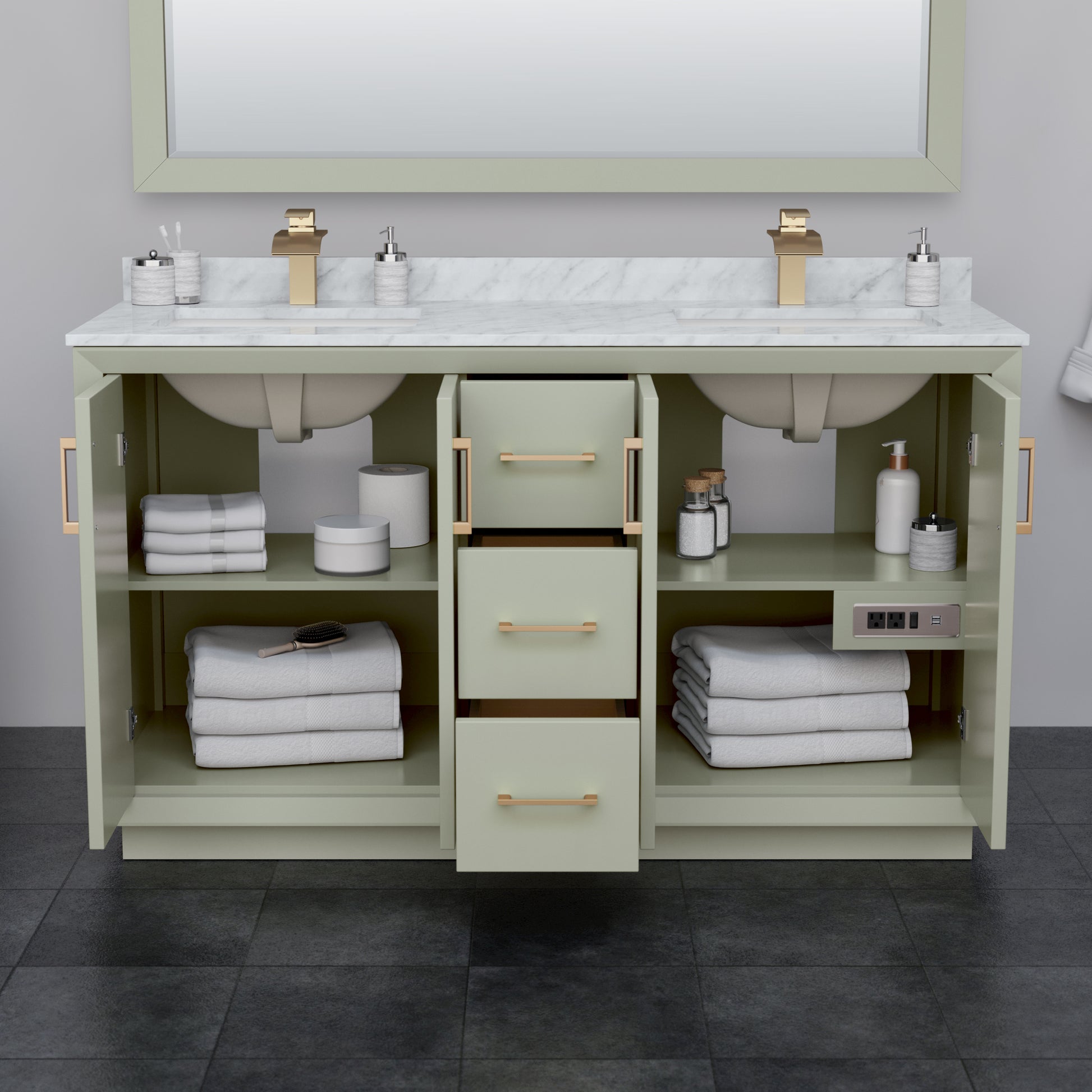
  
  Strada Double Sink Vanity with Carrara Cultured Marble, Undermount Square Sink, Optional Trim and Mirror
  
