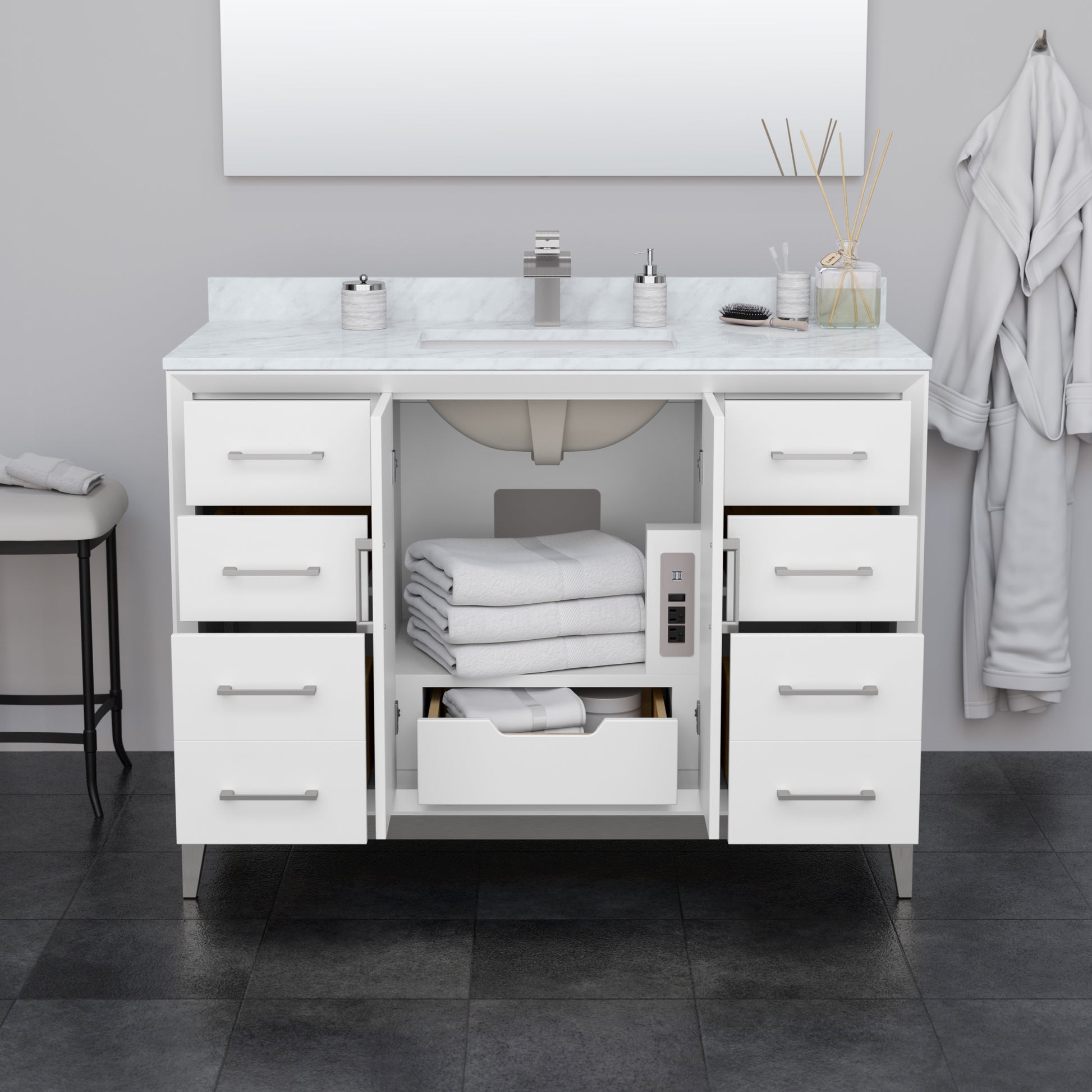 
  
  Amici Single Bathroom Vanity in White, White Carrara Marble, Undermount Square Sink, Optional Trim
  
