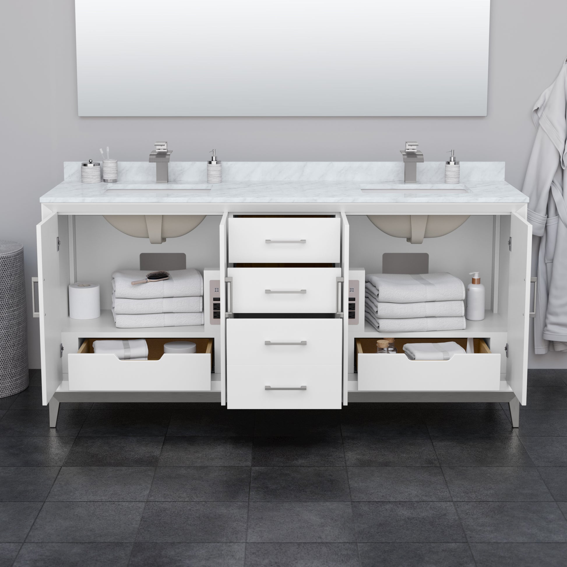 
  
  Amici 72" Double Bathroom Vanity in White, with Cultured Marble, Undermount Square Sink, Optional Trim
  
