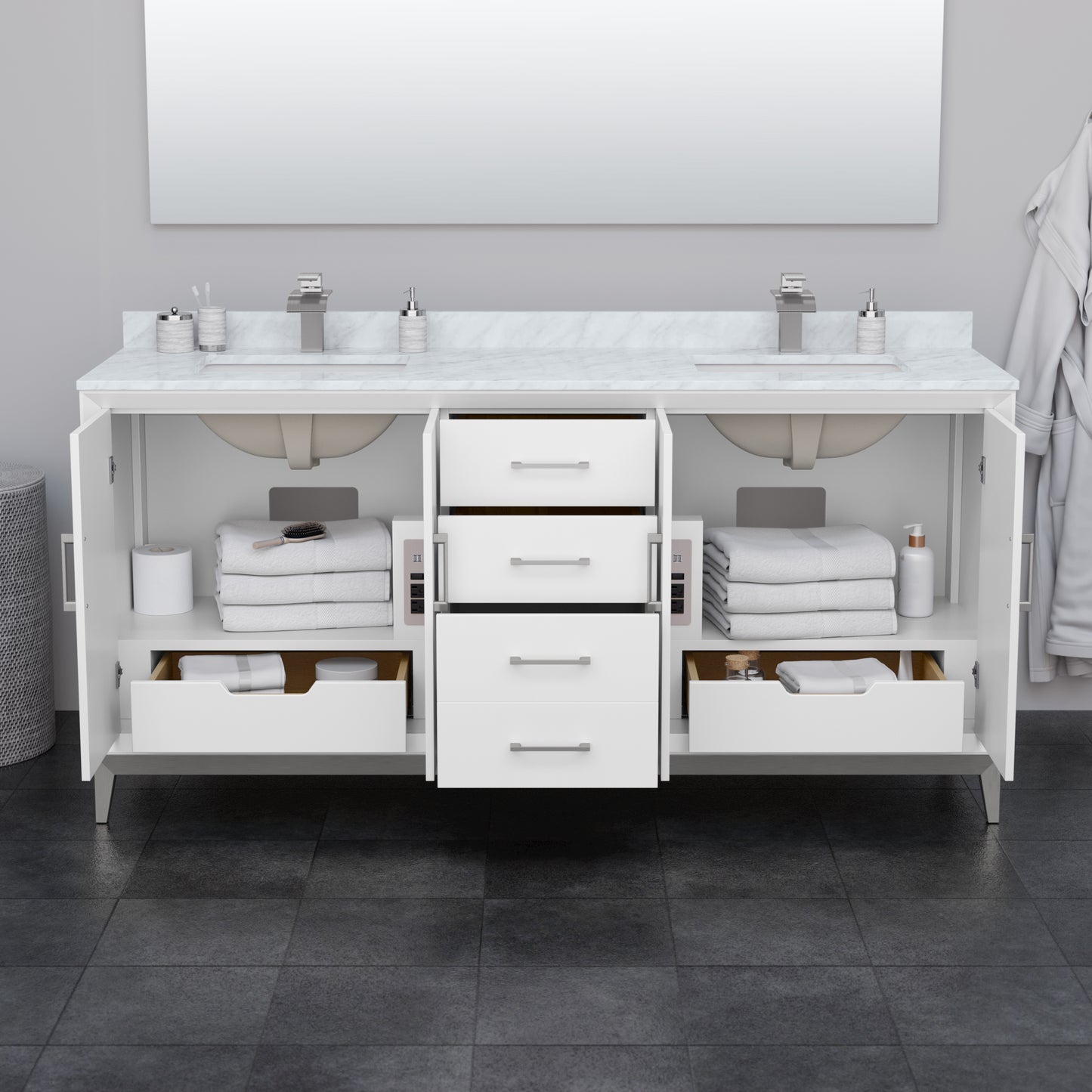 Amici 72" Double Bathroom Vanity in White, White Carrara Marble, Undermount Square Sink, Optional Trim