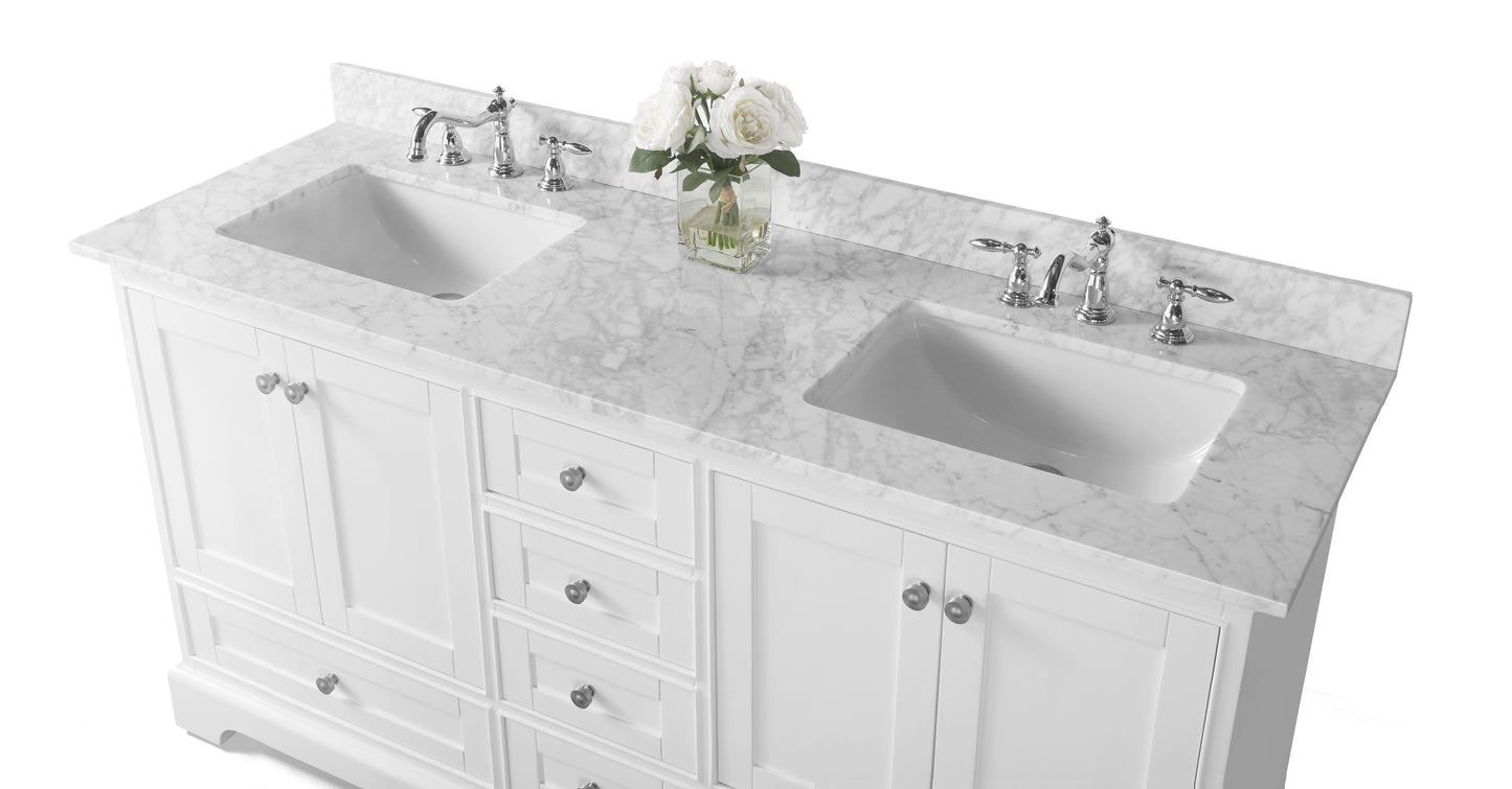 Ancerre Audrey Double Bath Vanity Set with Italian Carrara White Marble or Quartz Calacatta Laza Vanity top and White Undermount Basin