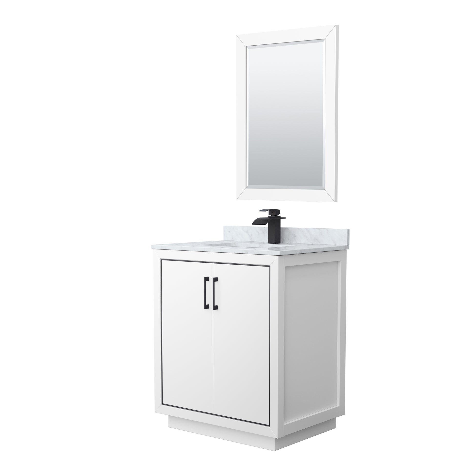 
  
  Icon Single Sink Vanity with White Carrara Marble Countertop, Undermount Square Sink, Optional Trim and Mirror
  
