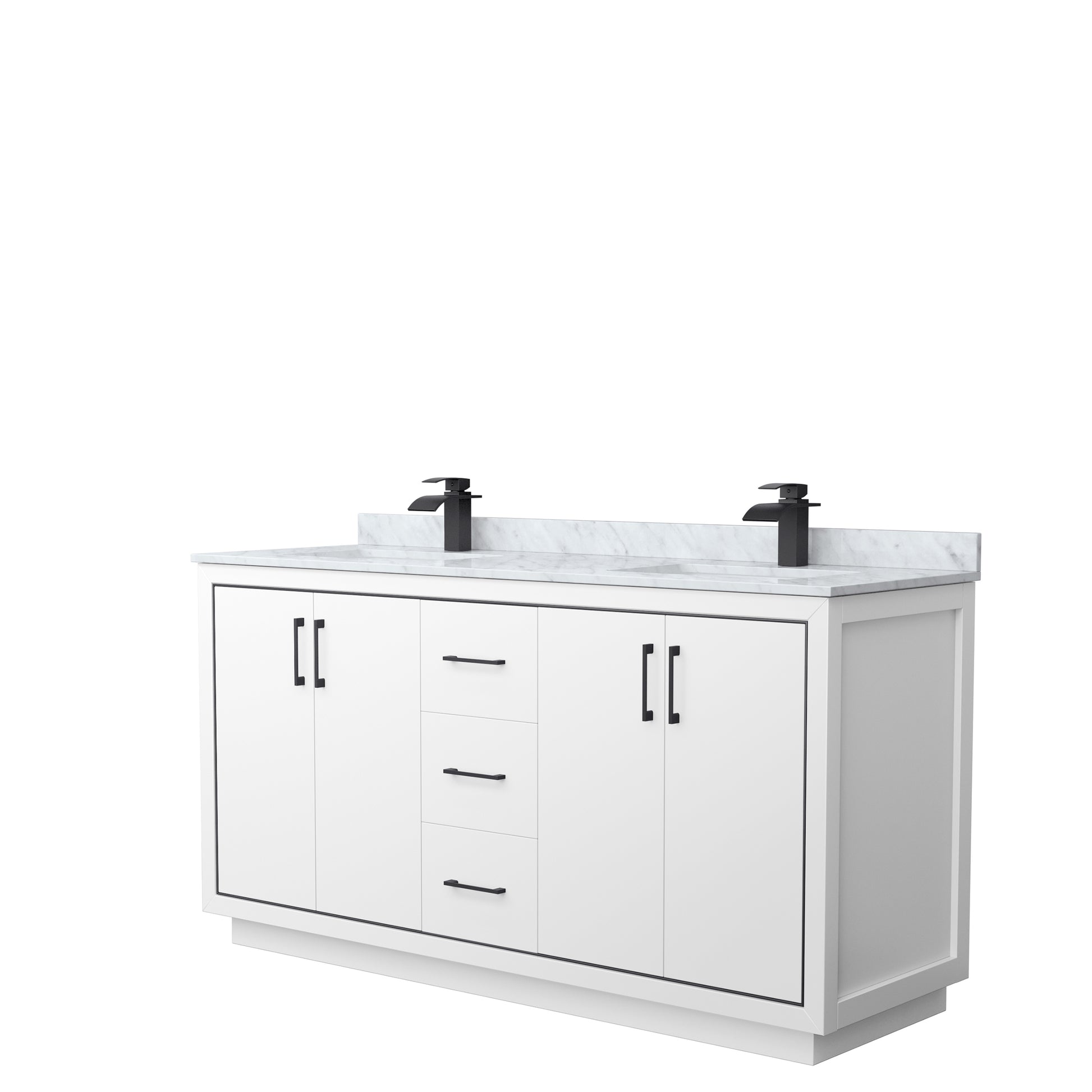 
  
  Icon Double Sink Vanity with White Carrara Marble Countertop, Undermount Square Sink, Optional Trim and Mirror
  
