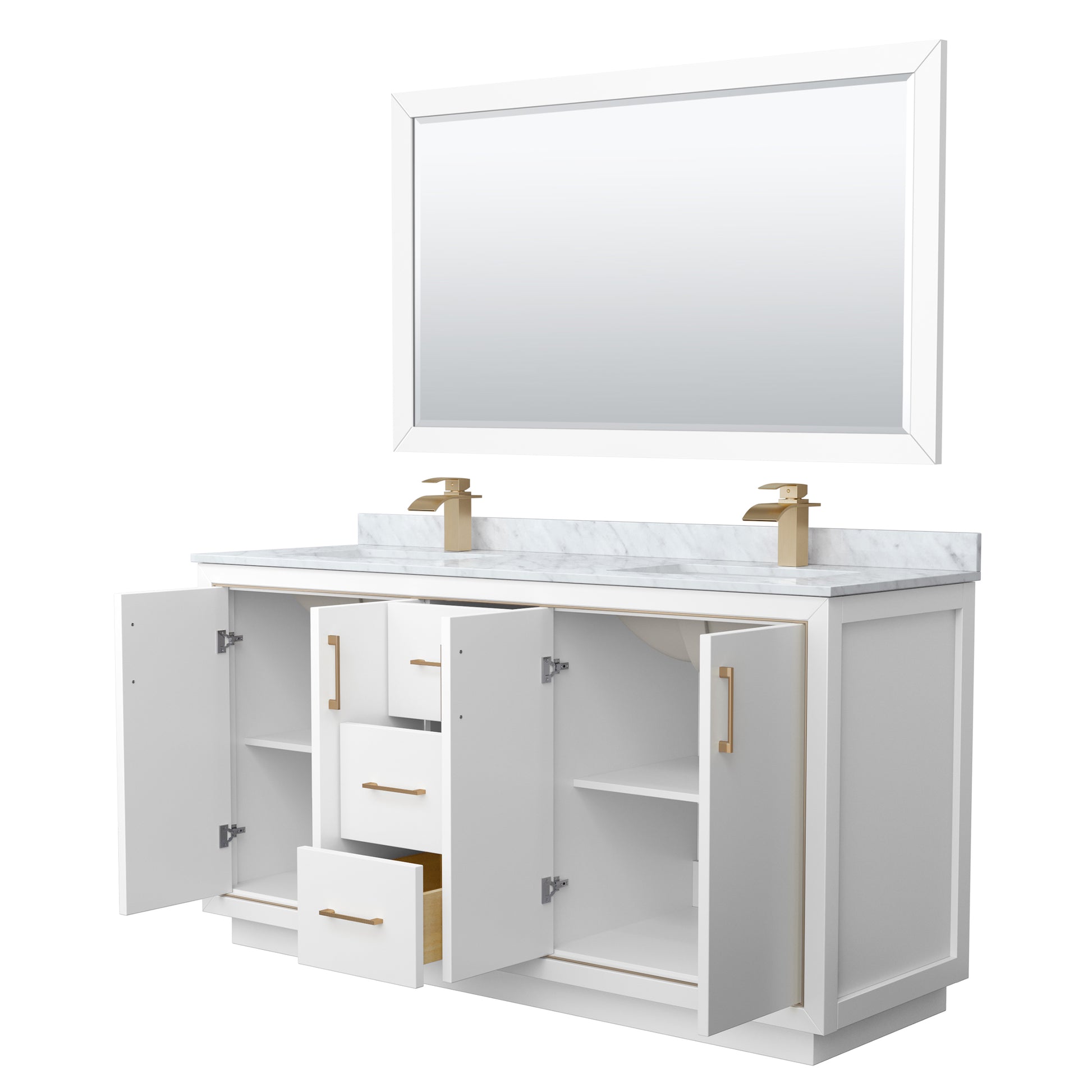 
  
  Icon Double Sink Vanity with White Carrara Marble Countertop, Undermount Square Sink, Optional Trim and Mirror
  
