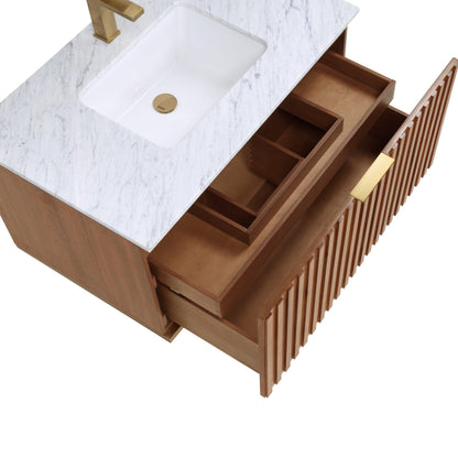 BEMMA Design Terra Wall-Mounted Single Bathroom Vanity Set in Walnut with White Quartz or Carrara Marble Top - Sea & Stone Bath