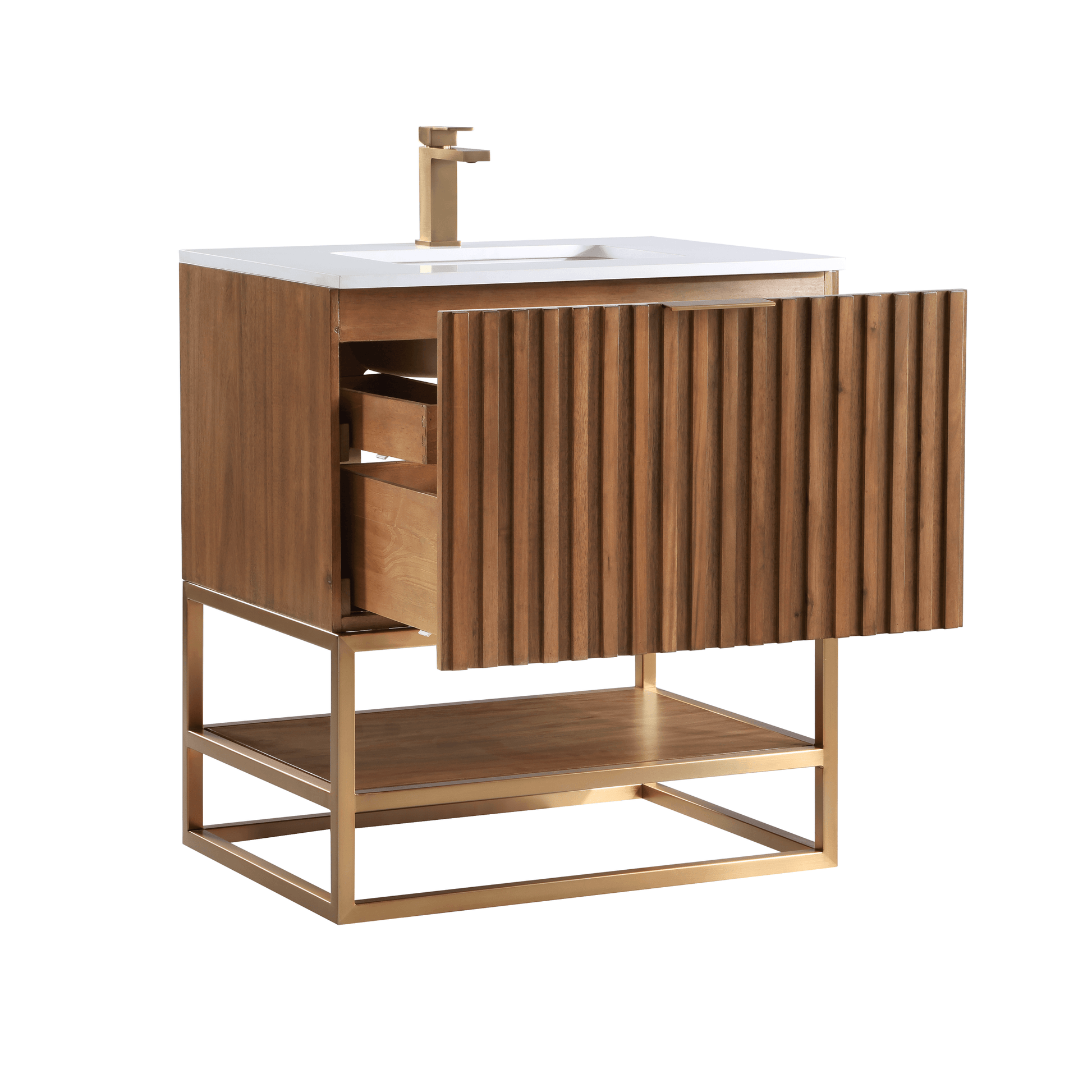 BEMMA Design Terra Single Bathroom Vanity Set in Walnut with White Quartz or Carrara Marble Top - Sea & Stone Bath