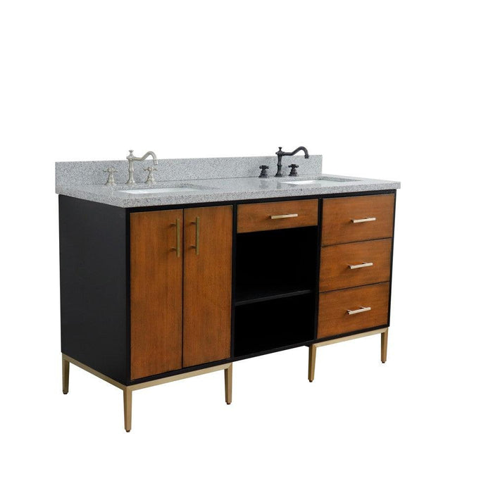 Bellaterra Imola 61" Double Sink Vanity in Walnut and Black finish and Black/Gray/White Top and Rectangle Sink - Sea & Stone Bath