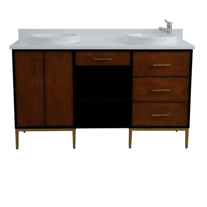 Bellaterra Imola 61" Double Sink Vanity in Walnut and Black finish and Black/Gray/White Top and Round Sink - Sea & Stone Bath