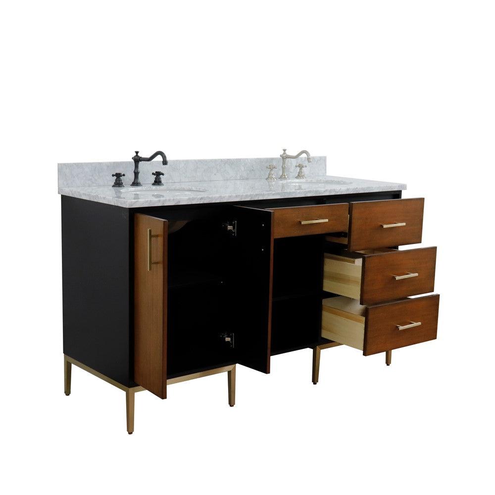 
  
  Bellaterra Imola 61" Double Sink Vanity in Walnut and Black finish and Black/Gray/White Top and Oval Sink
  
