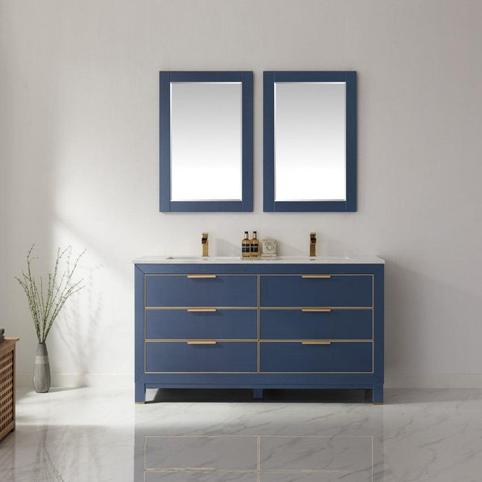 Altair Jackson 60" Double Bathroom Vanity Set in Royal Blue and Composite Carrara White Stone Countertop, Optional Mirror - Sea & Stone Bath