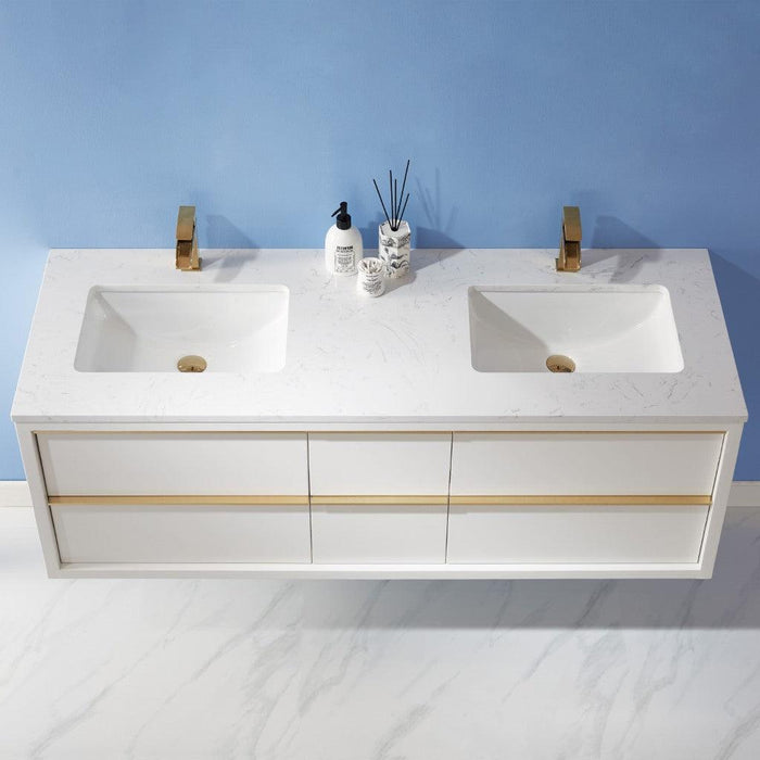 Altair Morgan 60" Double Bathroom Vanity Set in White and Composite Carrara White Stone Countertop, Optional Mirror - Sea & Stone Bath