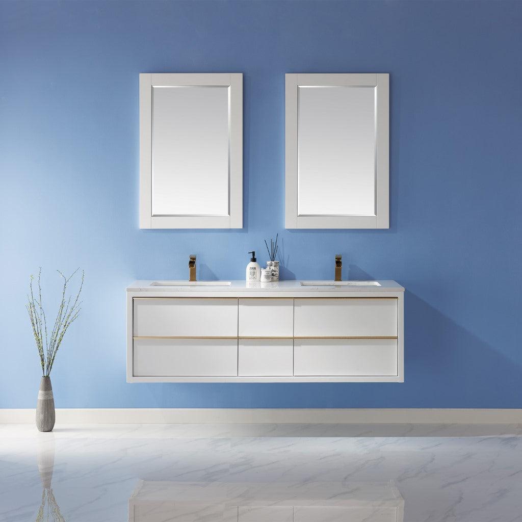 
  
  Altair Morgan 60" Double Bathroom Vanity Set in White and Composite Carrara White Stone Countertop, Optional Mirror
  
