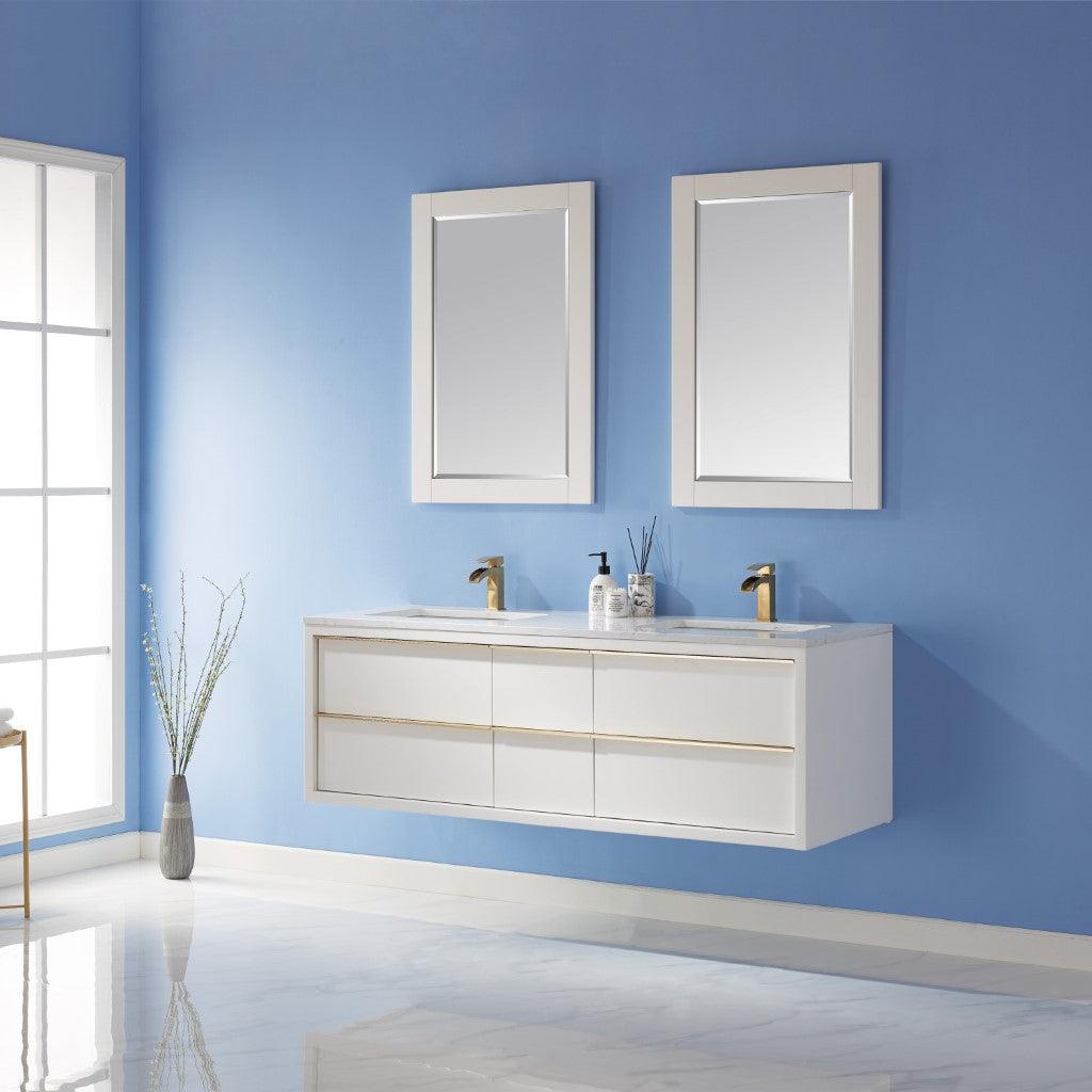 
  
  Altair Morgan 60" Double Bathroom Vanity Set in White and Composite Carrara White Stone Countertop, Optional Mirror
  
