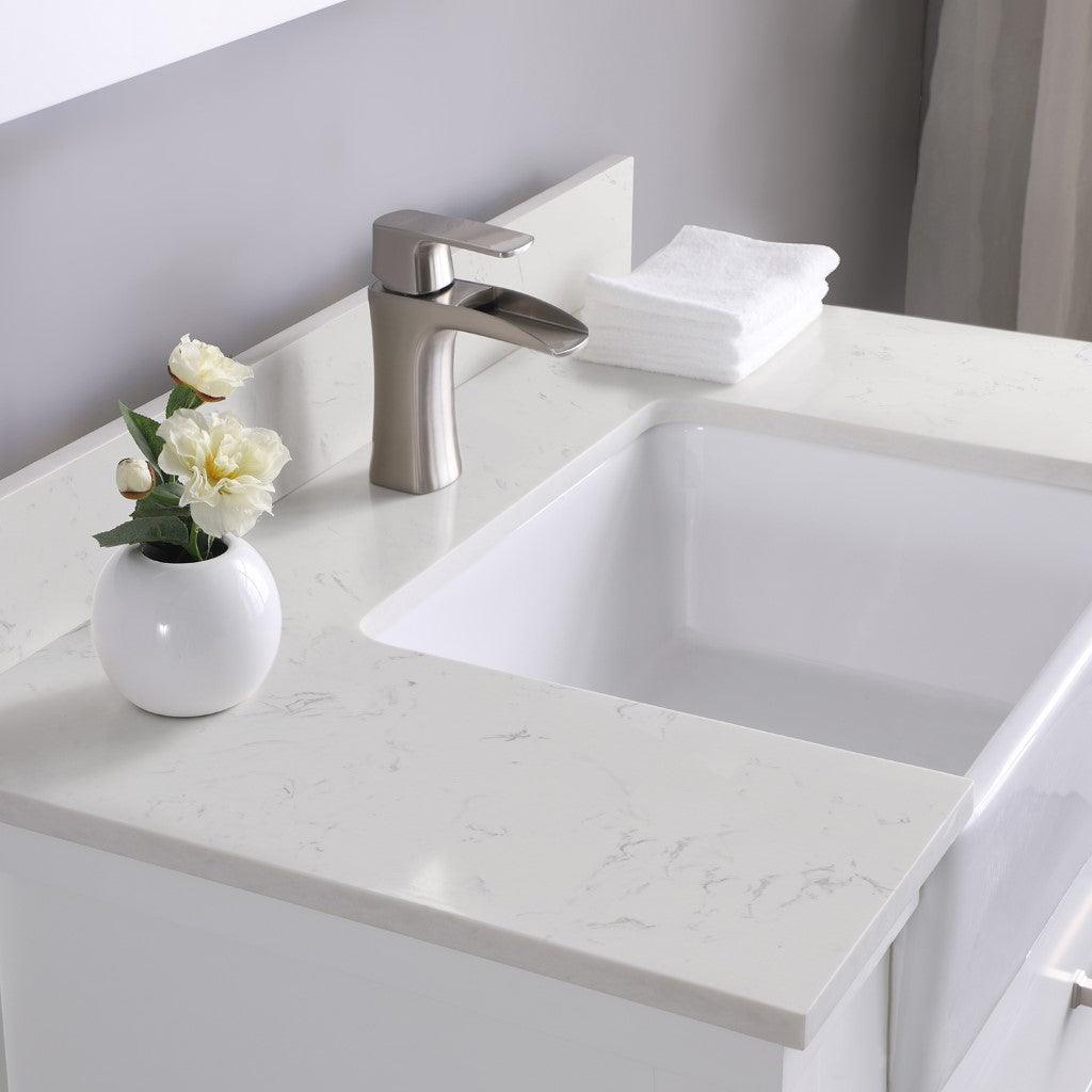 
  
  Altair Georgia Single Bathroom Vanity Set with Composite Carrara White Stone Top with White Farmhouse Basin, Optional Mirror
  

