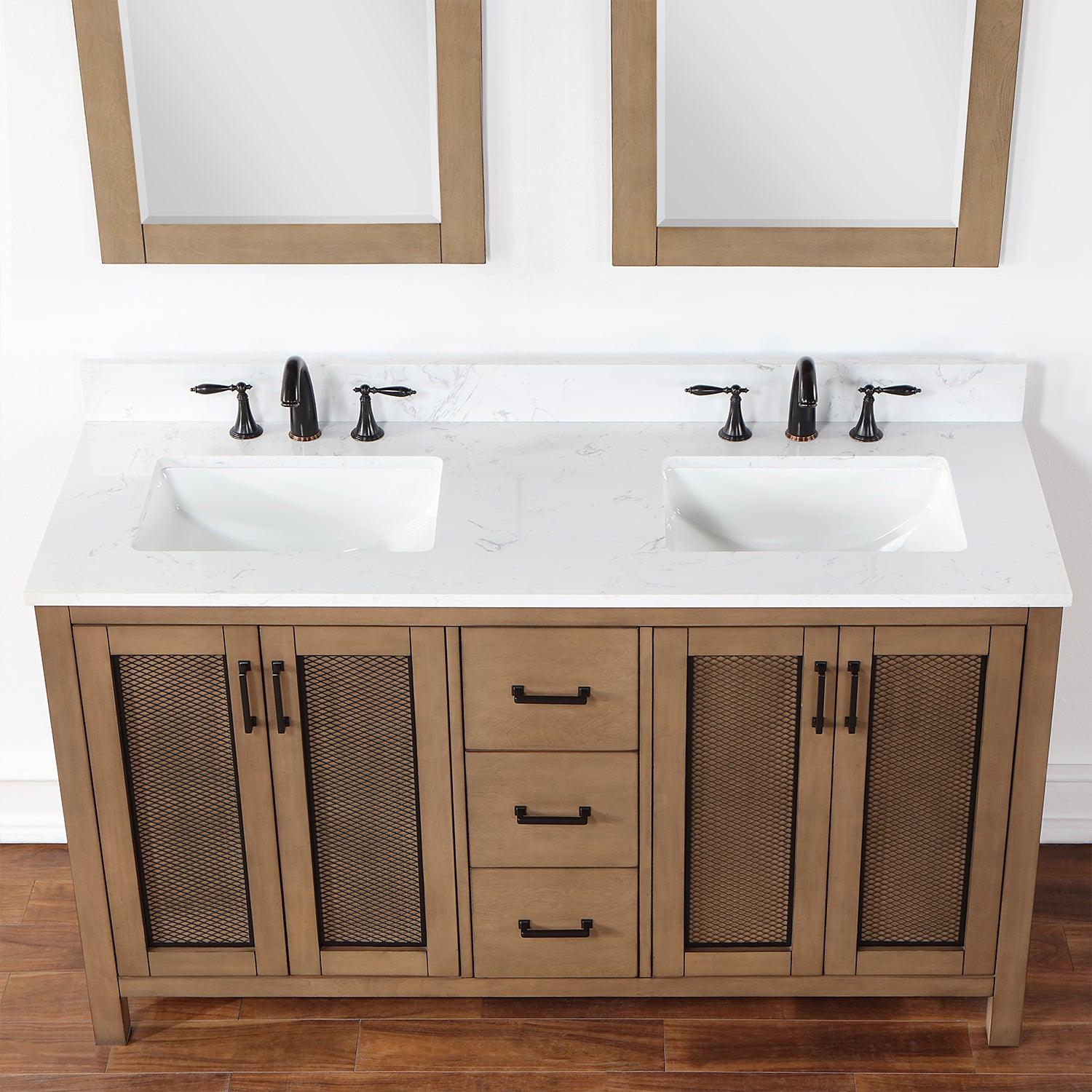 Altair Hadiya Double Bathroom Vanity Set with Carrara White Composite Stone Countertop, Optional Mirror - Sea & Stone Bath