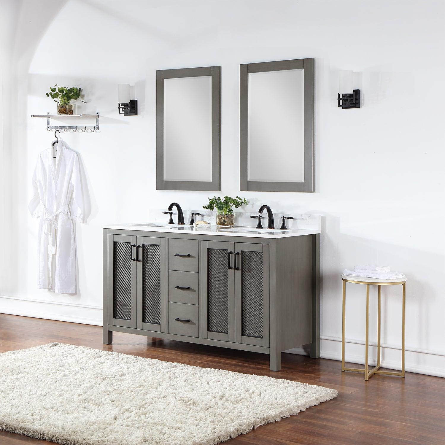 Altair Hadiya Double Bathroom Vanity Set with Carrara White Composite Stone Countertop, Optional Mirror - Sea & Stone Bath