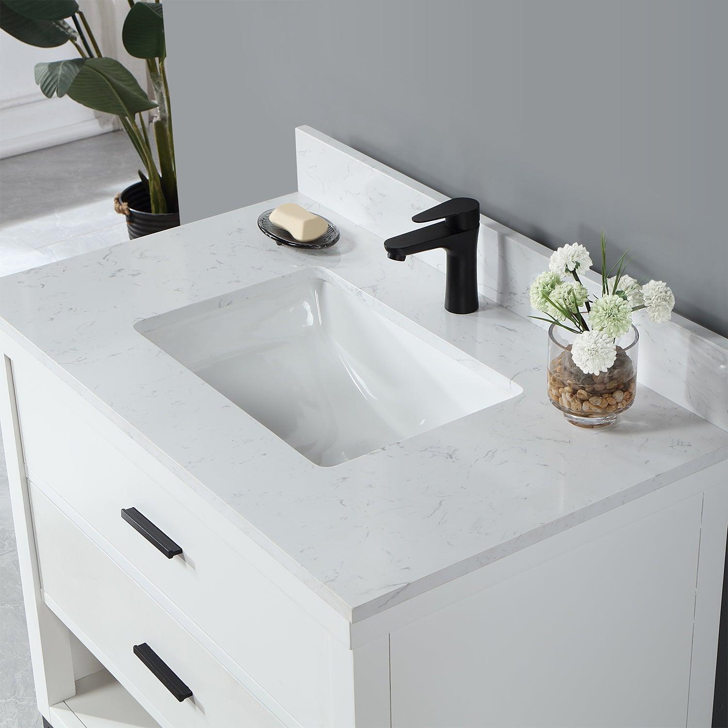 
  
  Altair Kesia Single Bathroom Vanity Set with Carrara White Composite Stone Countertop, Optional Mirror
  
