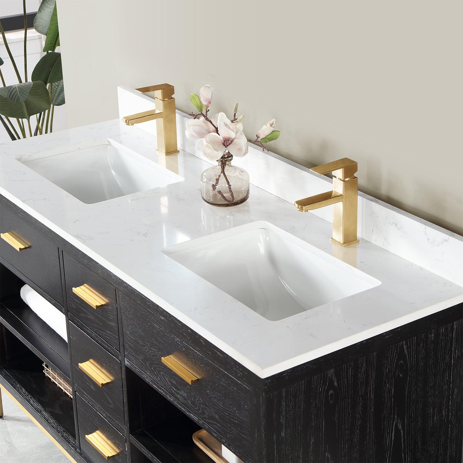 
  
  Altair Kesia Double Bathroom Vanity Set with Carrara White Composite Stone Countertop, Optional Mirror
  
