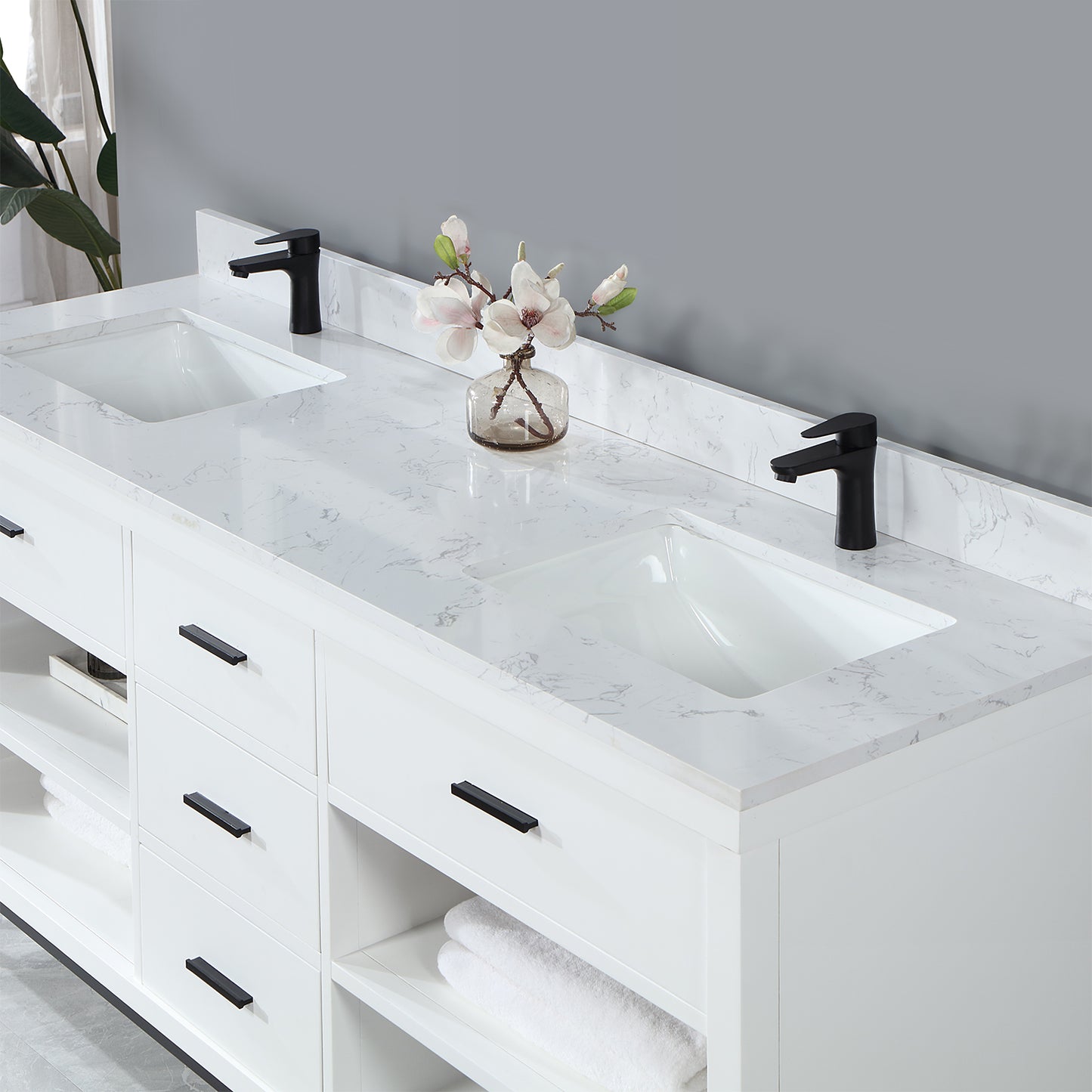 Altair Kesia Double Bathroom Vanity Set with Carrara White Composite Stone Countertop, Optional Mirror