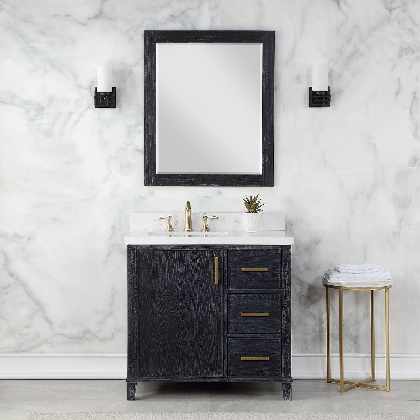 Altair Weiser Single Bathroom Vanity in Black Oak with Aosta White Composite Stone Countertop and Optional Mirror - Sea & Stone Bath