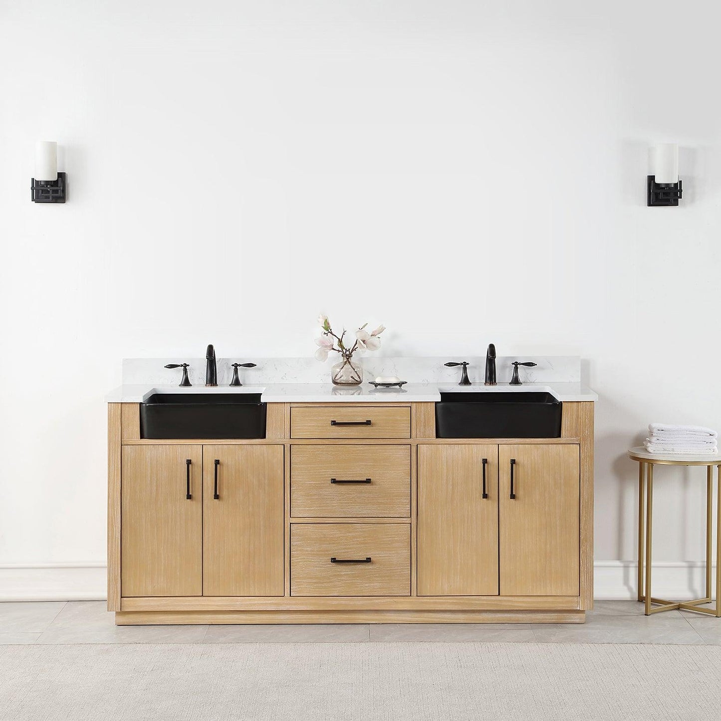 Altair Novago Double Bathroom Vanity in Weathered Pine with Aosta White Composite Stone Countertop and Farmhouse Sink with Optional Mirror - Sea & Stone Bath