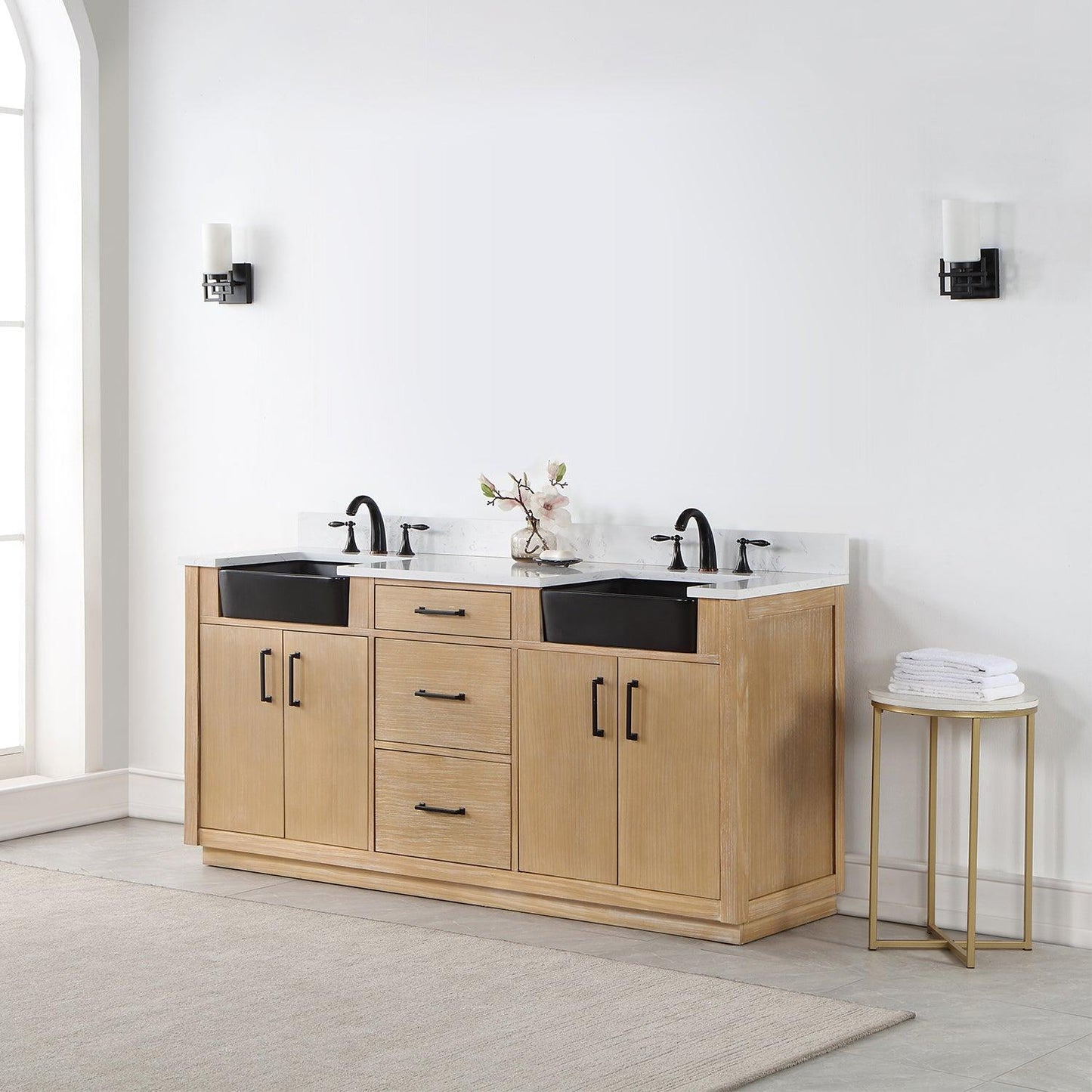 Altair Novago Double Bathroom Vanity in Weathered Pine with Aosta White Composite Stone Countertop and Farmhouse Sink with Optional Mirror - Sea & Stone Bath