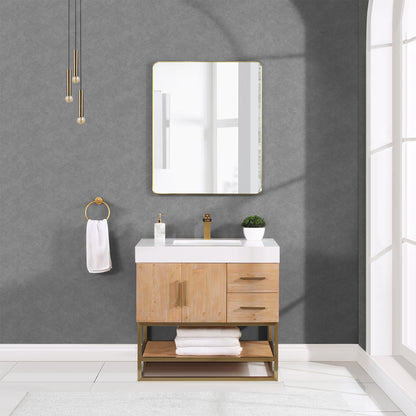 Altair Bianco Single Bathroom Vanity in Light Brown with White Composite Stone Countertop and Optional Mirror