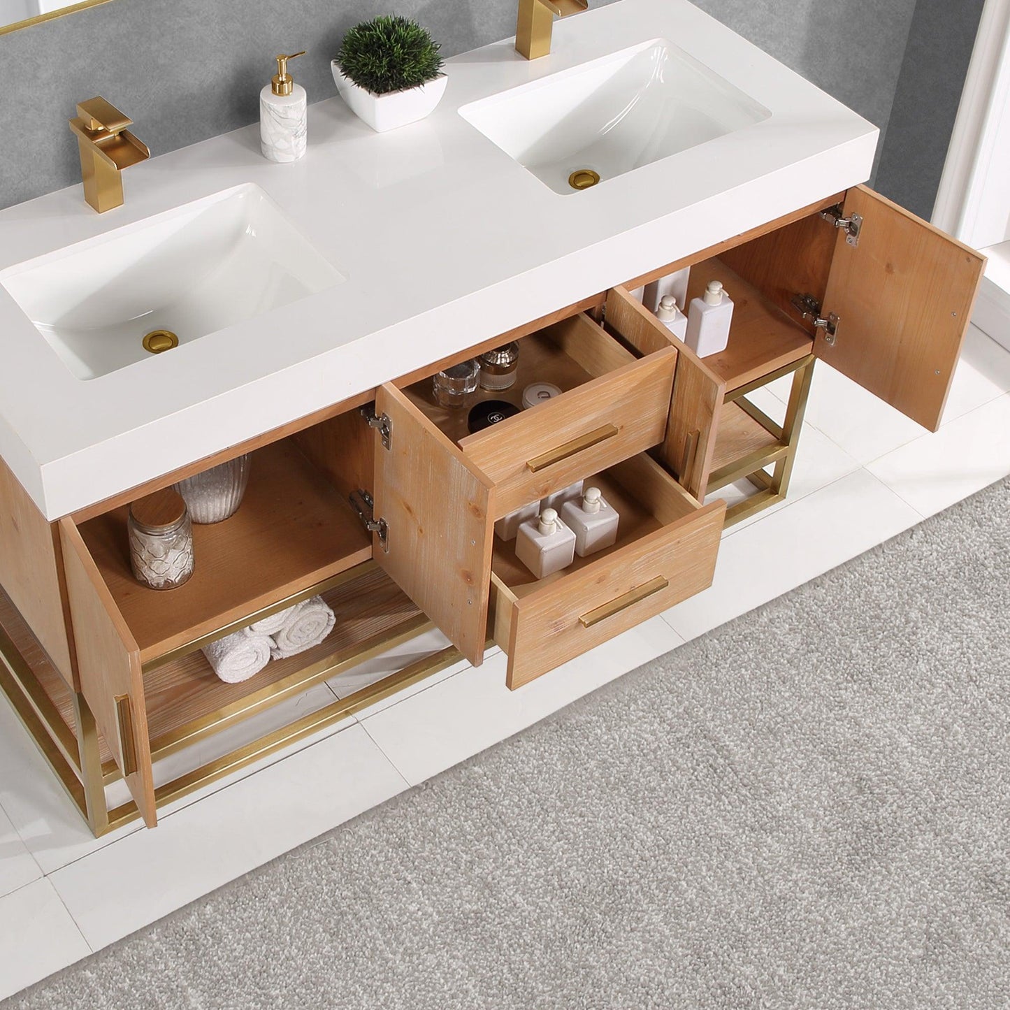 Altair Bianco Double Bathroom Vanity in Light Brown with White Composite Stone Countertop and Optional Mirror - Sea & Stone Bath