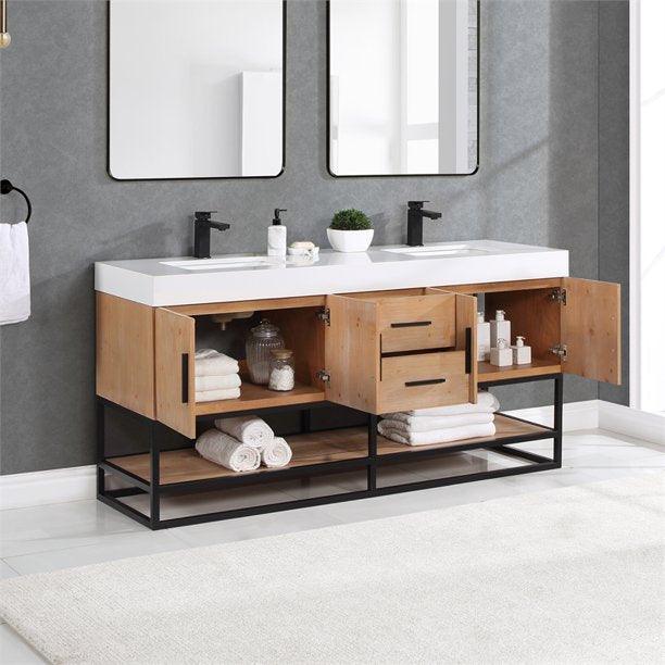 Altair Bianco Double Bathroom Vanity in Light Brown with White Composite Stone Countertop and Optional Mirror - Sea & Stone Bath