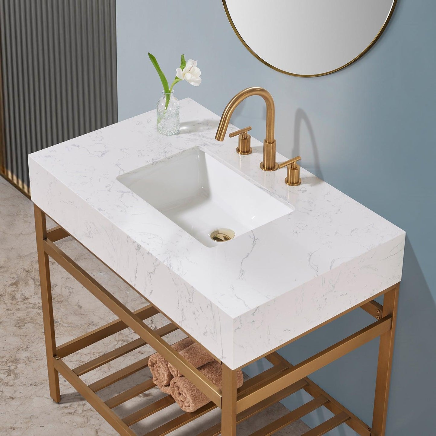 Altair Merano Single Stainless Steel Vanity Console with Aosta White Stone Countertop and Optional Mirror - Sea & Stone Bath