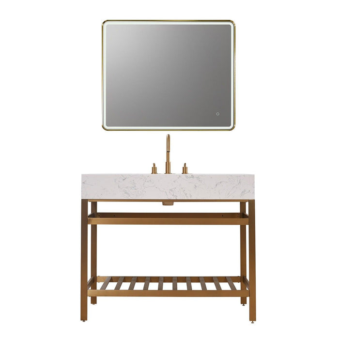 Altair Merano Single Stainless Steel Vanity Console with Aosta White Stone Countertop and Optional Mirror - Sea & Stone Bath