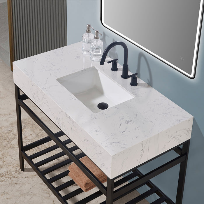 Altair Merano Single Stainless Steel Vanity Console with Aosta White Stone Countertop and Optional Mirror