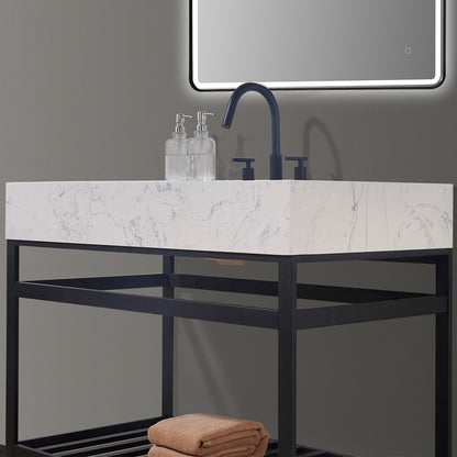 Altair Merano Single Stainless Steel Vanity Console with Aosta White Stone Countertop and Optional Mirror