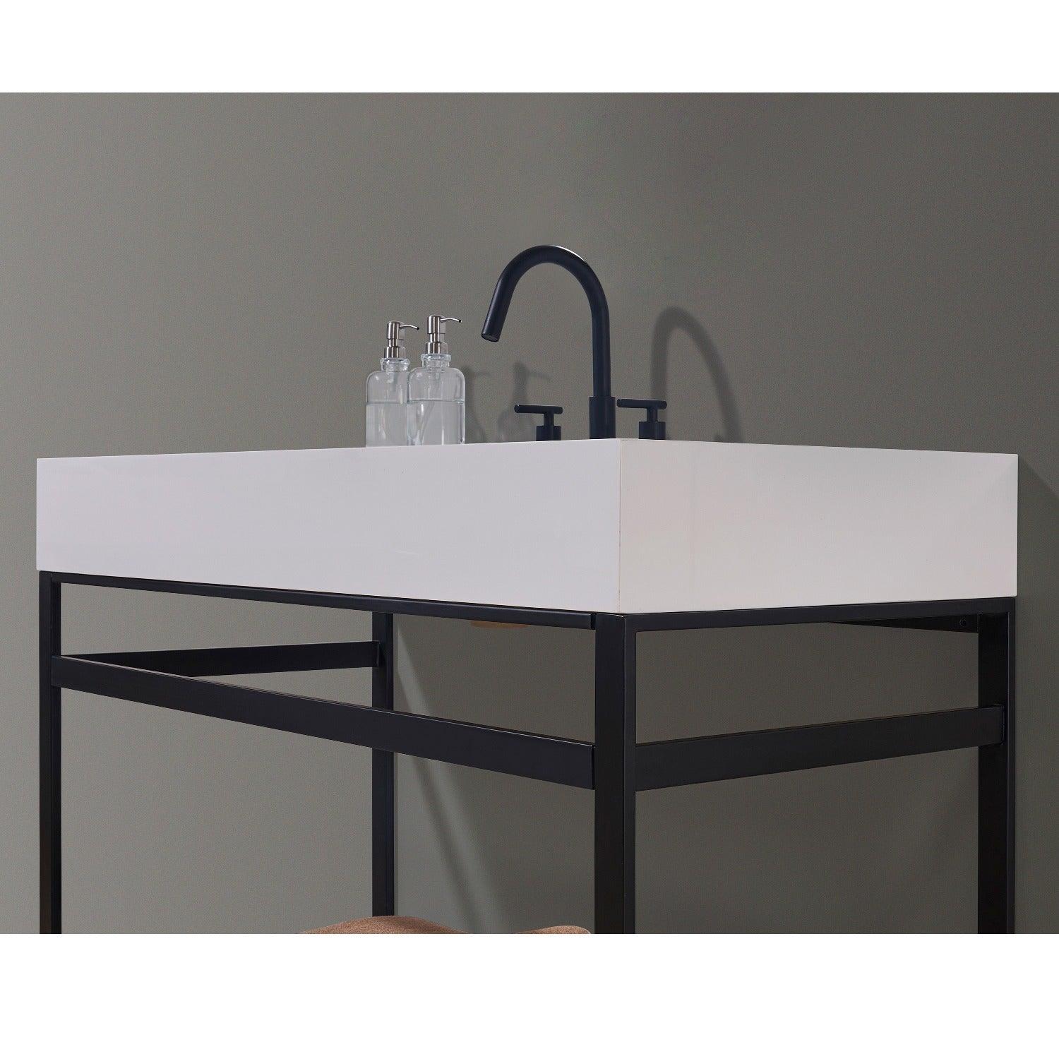 Altair Edolo Single Stainless Steel Vanity Console in Matt Black with Snow White Stone Countertop and Optional Mirror - Sea & Stone Bath