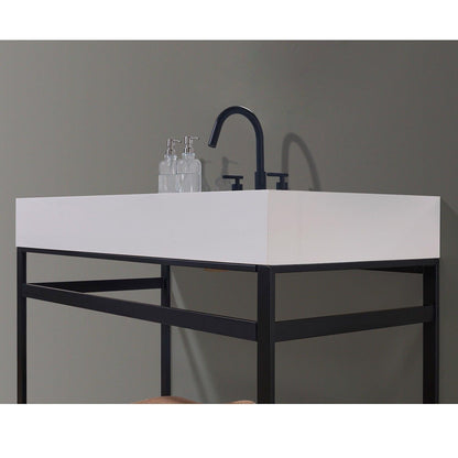 Altair Edolo Single Stainless Steel Vanity Console in Matt Black with Snow White Stone Countertop and Optional Mirror - Sea & Stone Bath