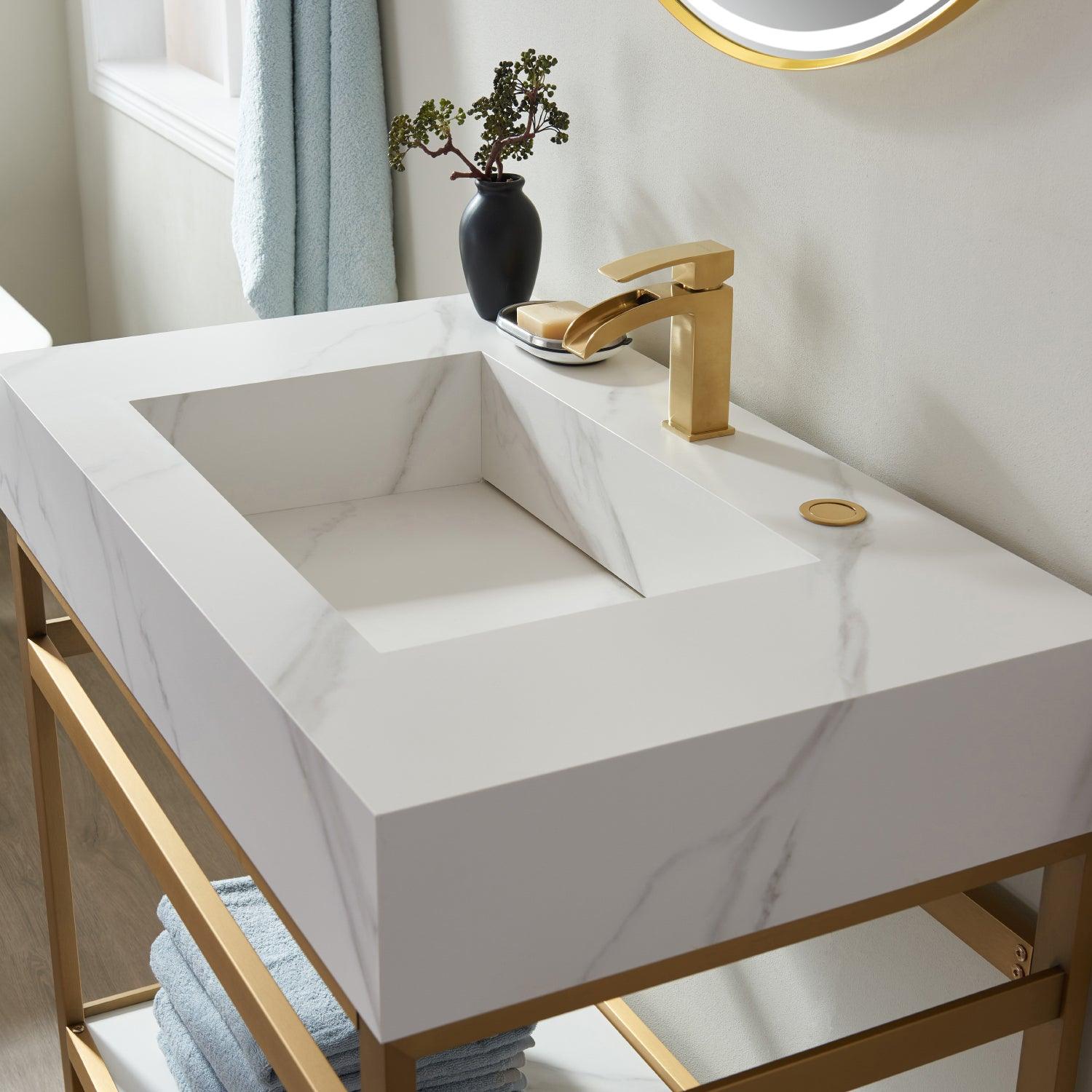 Vinnova Alicante Single Vanity with Brushed-gold stainless steel bracket match with Snow mountain-white stone Countertop - Sea & Stone Bath