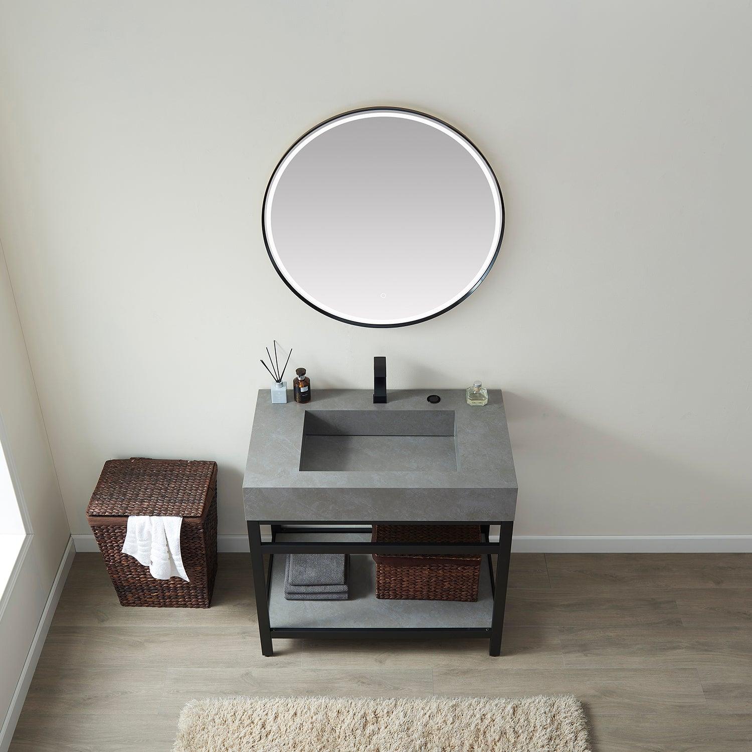 
  
  Vinnova Bilbao Single Vanity with Matte black stainless steel bracket match with Grey Sintered Stone Top and Optional Mirror
  
