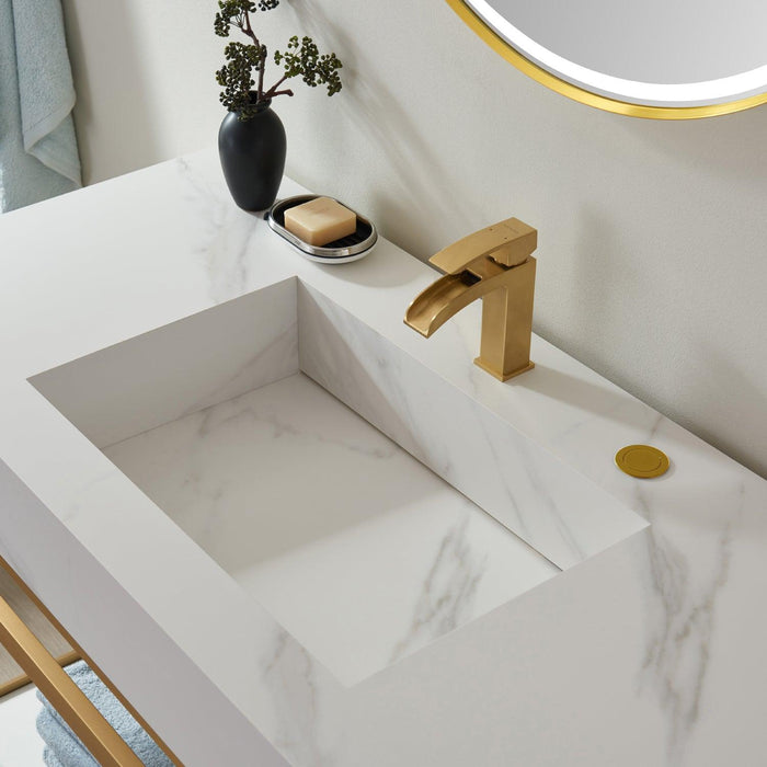 Vinnova Alicante Single Vanity with Brushed-gold stainless steel bracket match with Snow mountain-white stone Countertop - Sea & Stone Bath