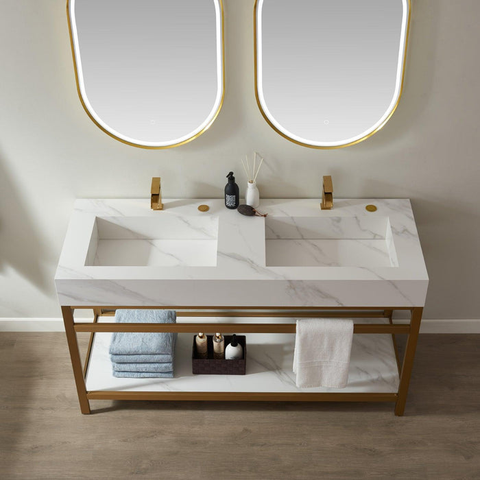 Vinnova Alicante Double Vanity with Brushed-gold stainless steel bracket match with Snow mountain-white stone Countertop - Sea & Stone Bath
