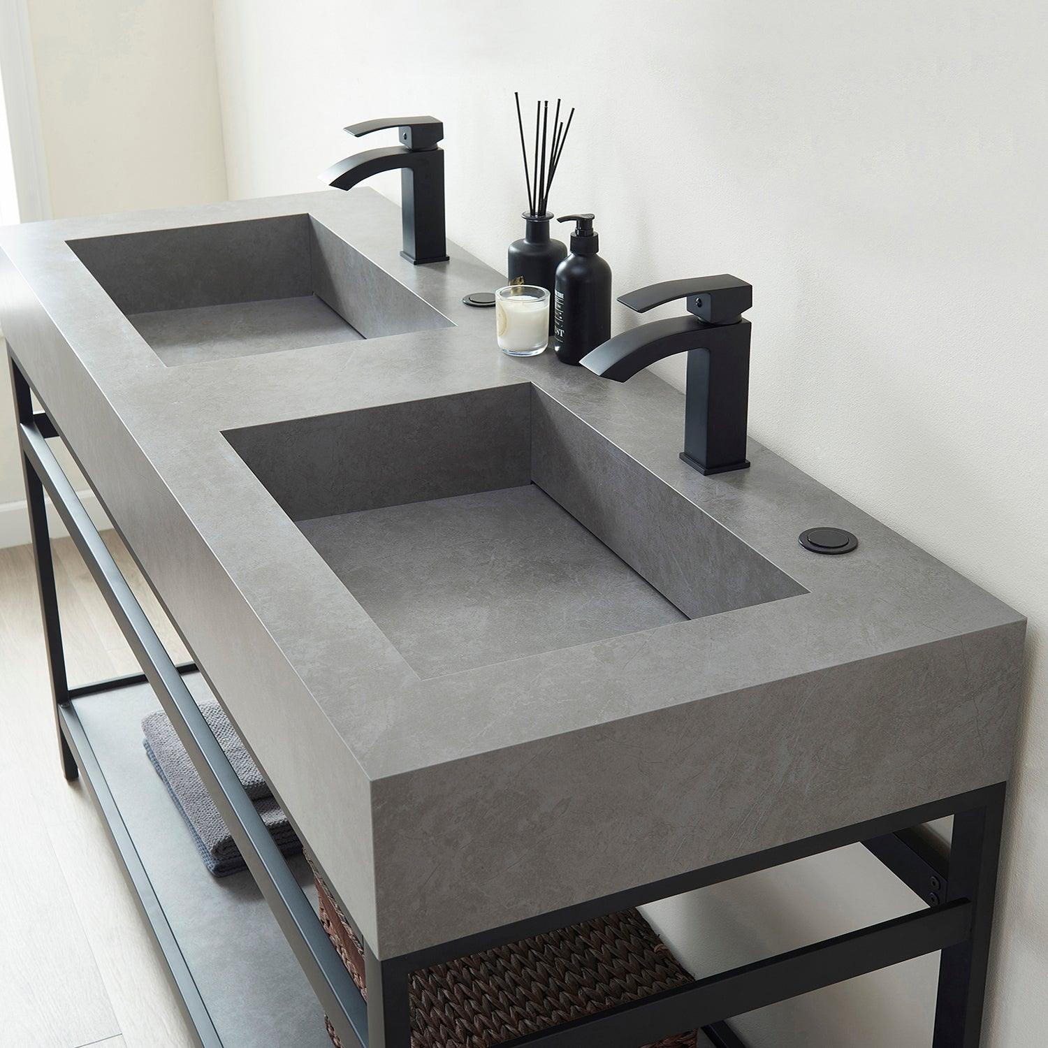
  
  Vinnova Bilbao Double Vanity with Matte black stainless steel bracket match with Grey Sintered Stone Top and Optional Mirror
  
