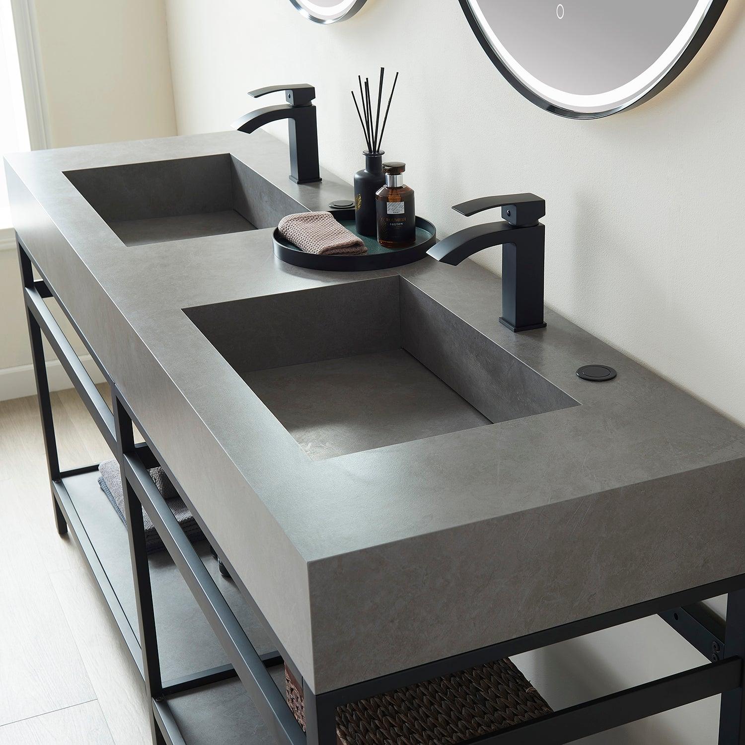 
  
  Vinnova Bilbao Double Vanity with Matte black stainless steel bracket match with Grey Sintered Stone Top and Optional Mirror
  

