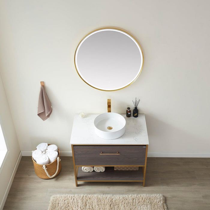 Vinnova Murcia Single Sink Bath Vanity in Suleiman Oak with White Composite Grain Stone Countertop and Optional Mirror - Sea & Stone Bath